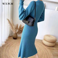 WYWM Winter Fashion Base Mid-length Knitted Dress Women Silmming Thin Long Sleeve Dresses Female Solid Temperament Commute Dress