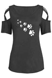 Women's Dog Paw Print Cold Shoulder Short Sleeve T Shirts