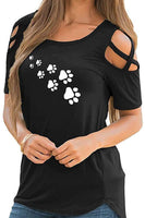 Women's Dog Paw Print Cold Shoulder Short Sleeve T Shirts